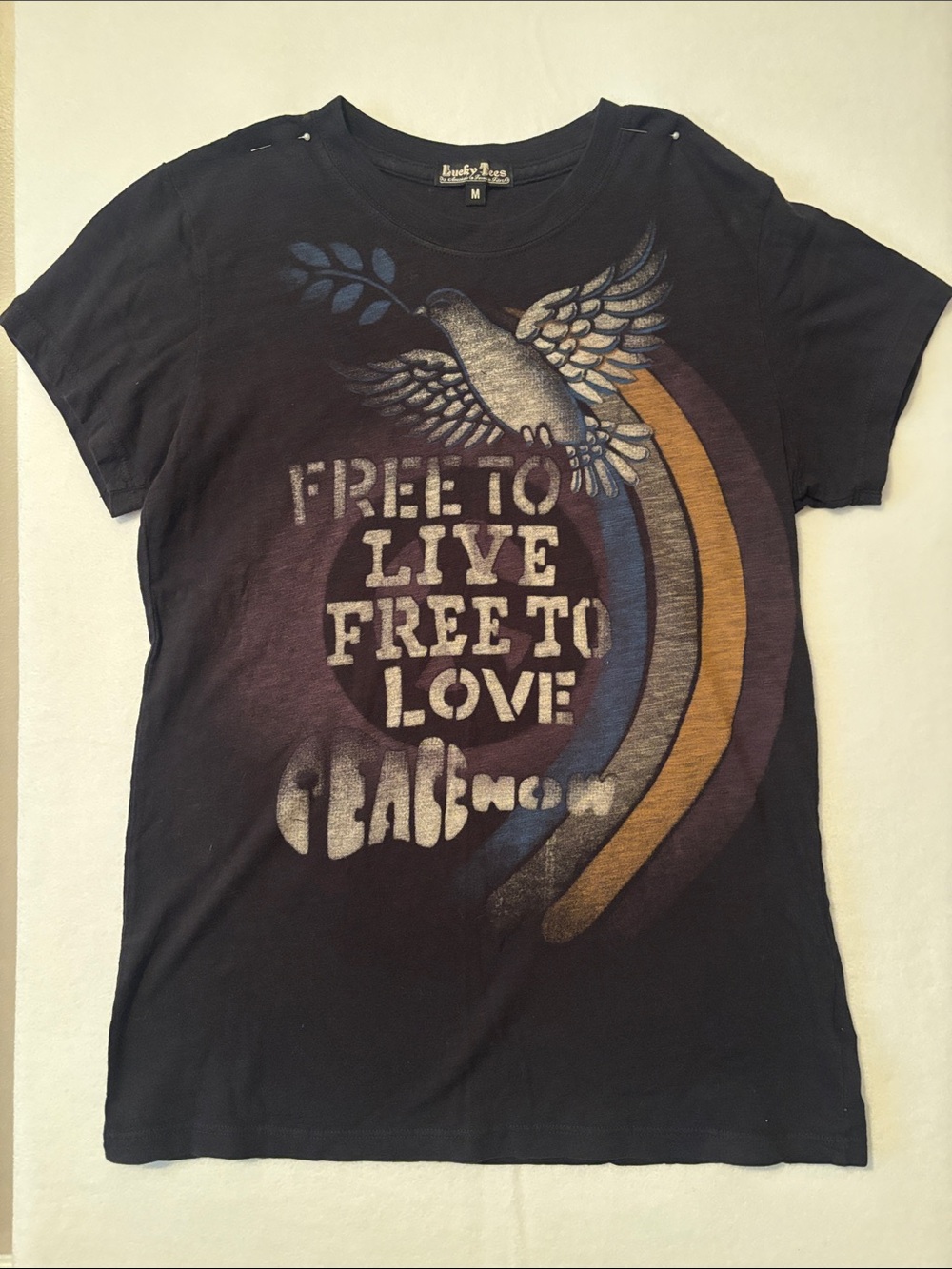 Lucky Brand Black Tee with Dove and Retro Stripe Graphic